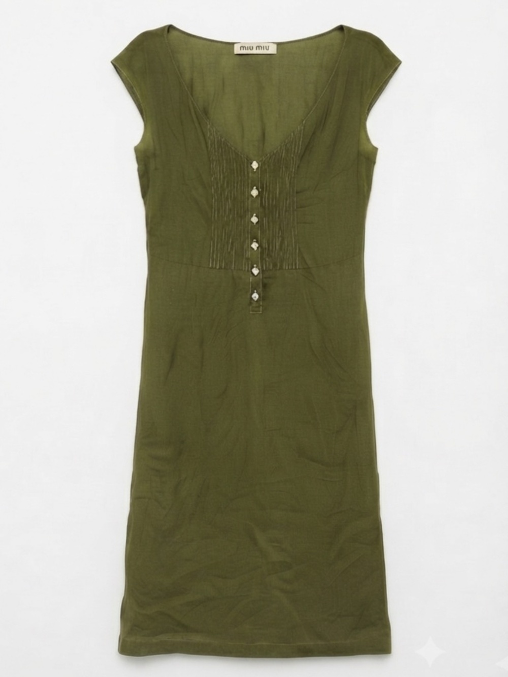 Miu Miu Pintuck Accent Midi Dress — Olive Green